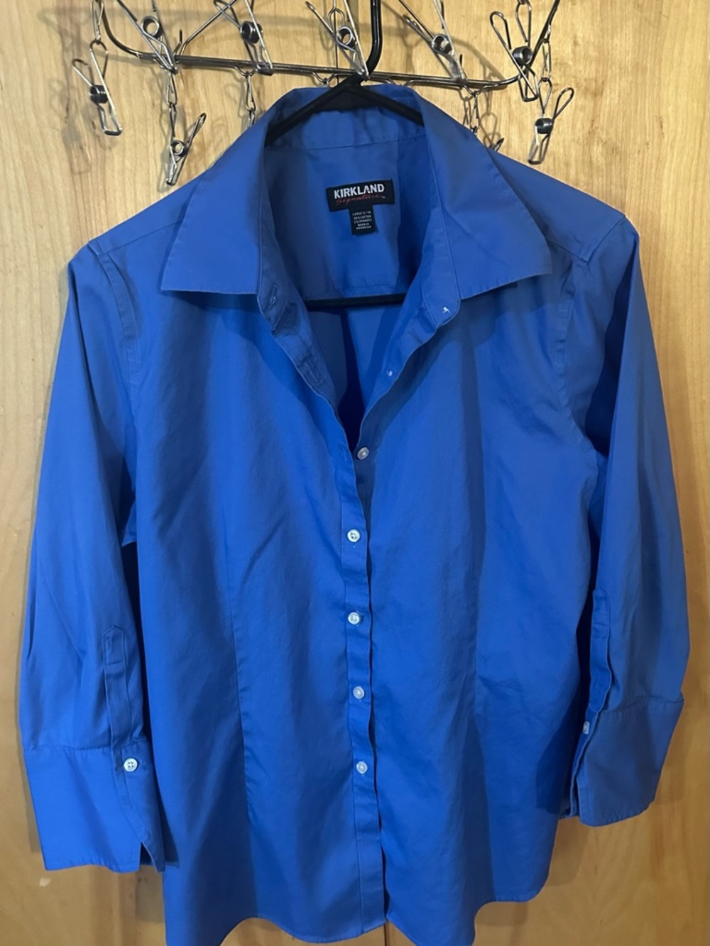 Kirkland Signature Women’s Blue Button-Down Shirt 3/4 Sleeveless Size L